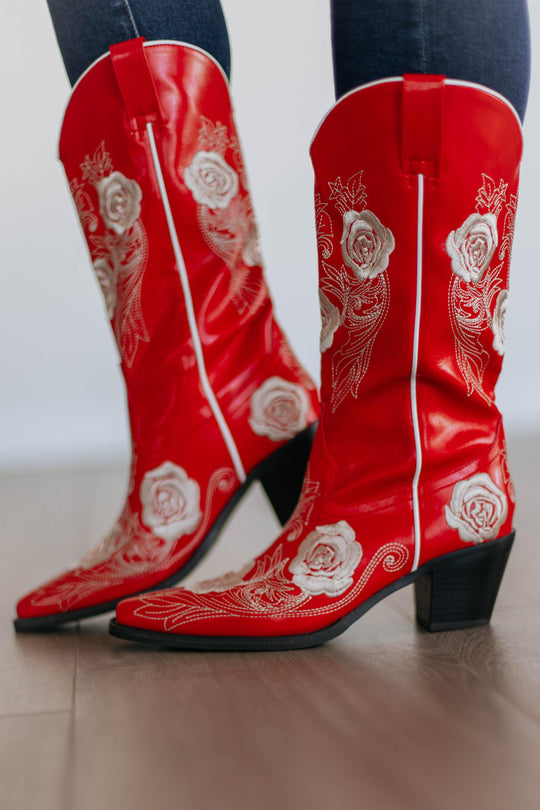 Center Stage Cowgirl Boots - Cherry