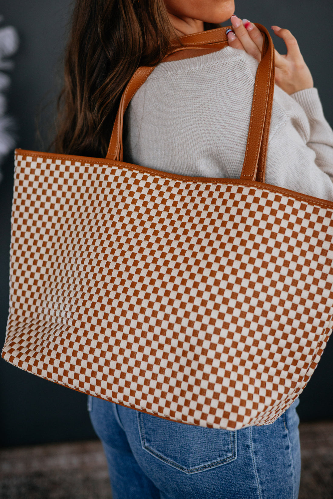 Keeley Checkered Tote Bag - Cognac