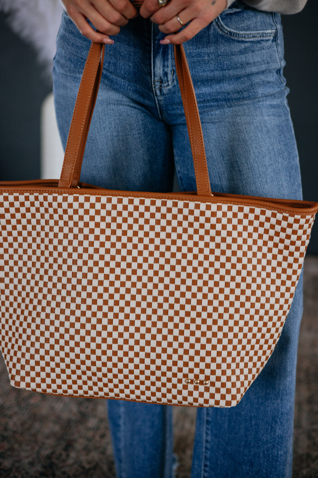 Keeley Checkered Tote Bag - Cognac