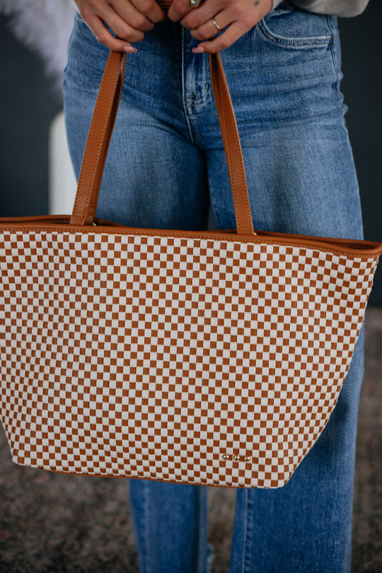 Keeley Checkered Tote Bag - Cognac